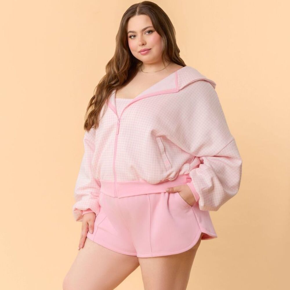 Blogilates Women's Marshmallow Full Zip Hooded Sweatshirt - Pink Gingham 3X - Picture 4 of 5